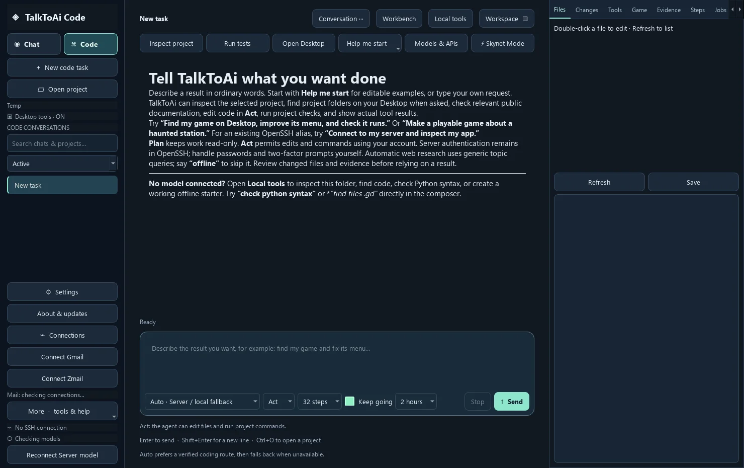 TalkToAi Code desktop workspace with project tools, conversation input and file panel
