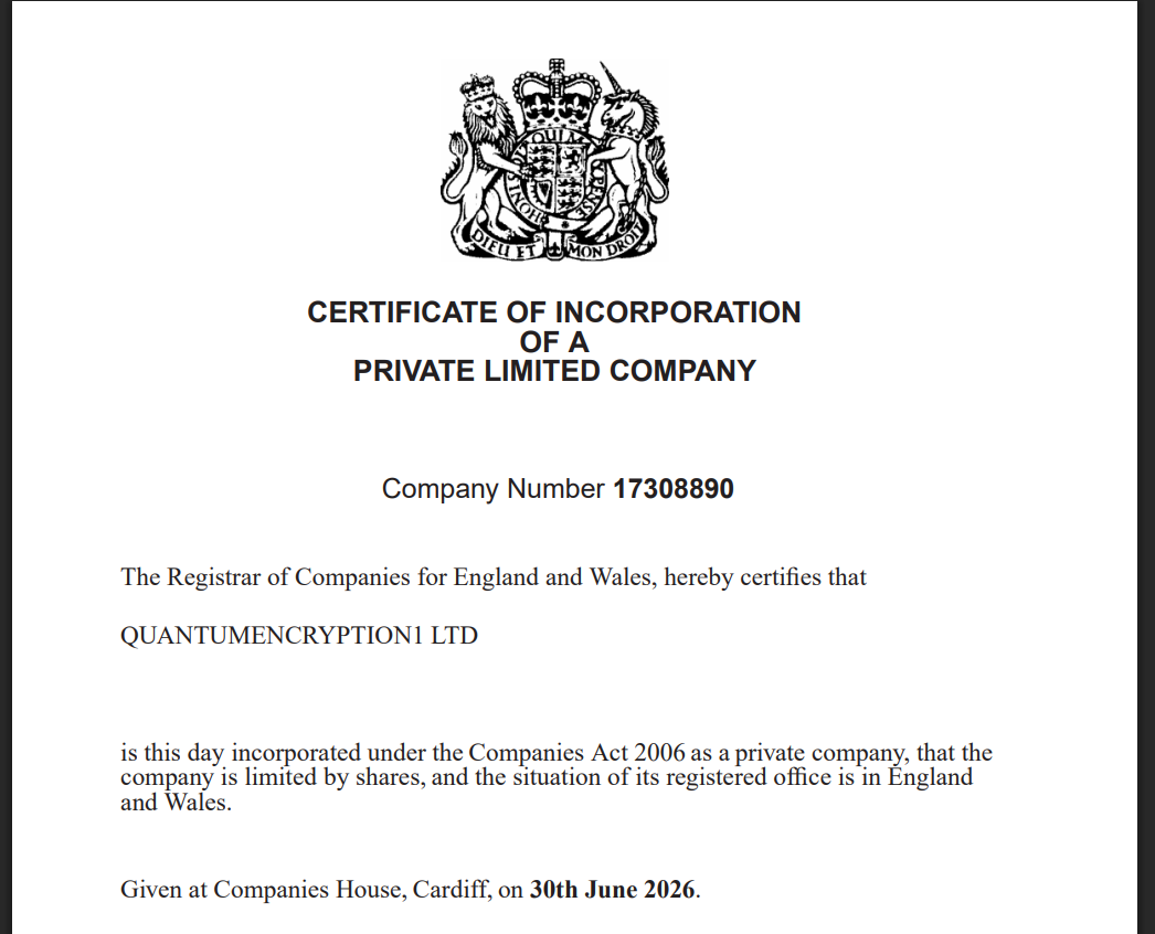 QuantumEncryption1 company certificate showing company number