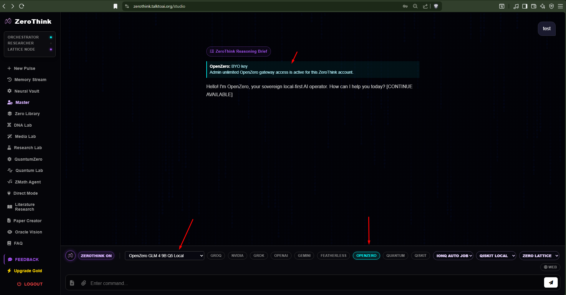 ZeroThink studio connected to OpenZero local model mode