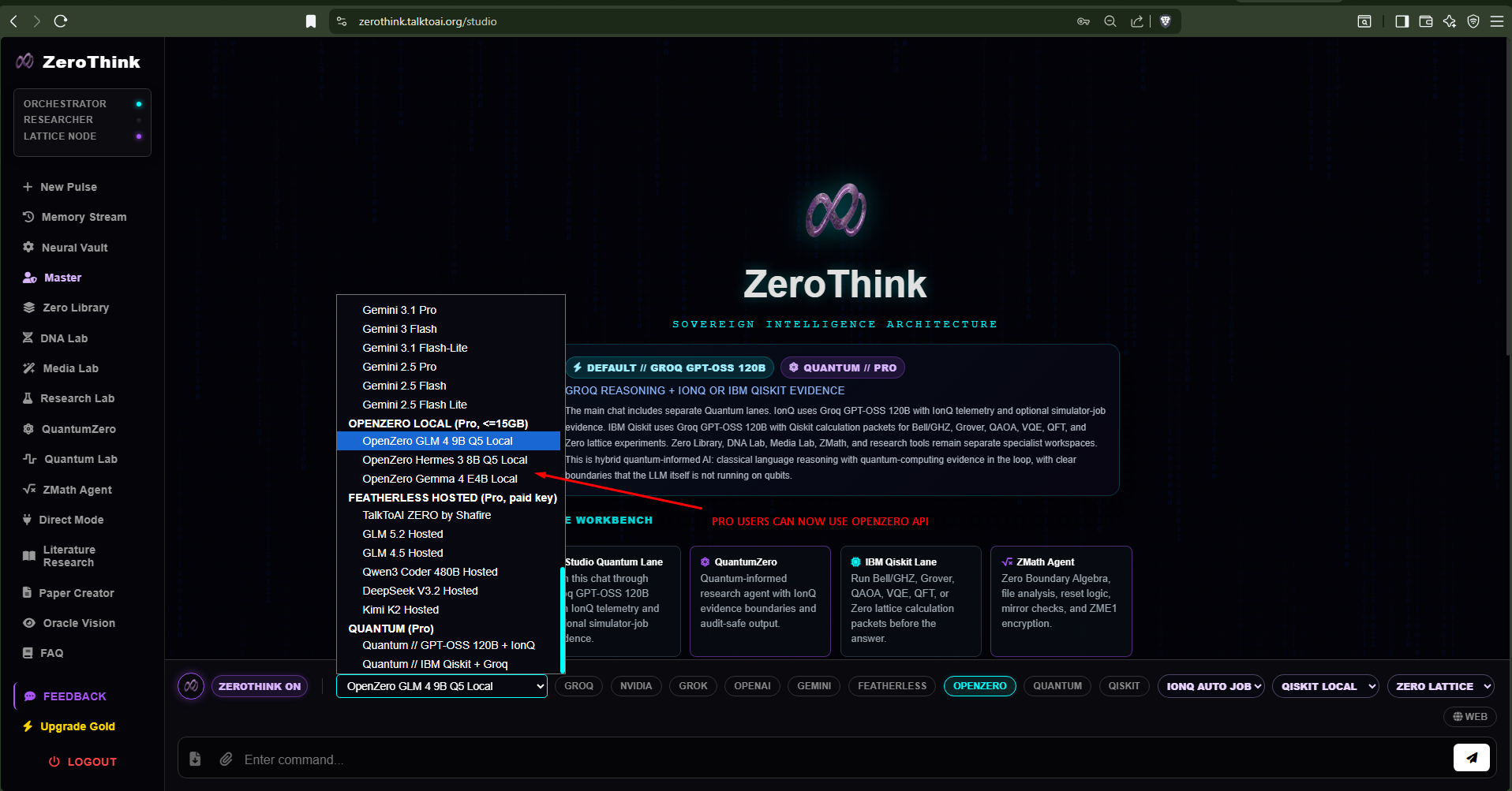 ZeroThink model selection menu with OpenZero local model options