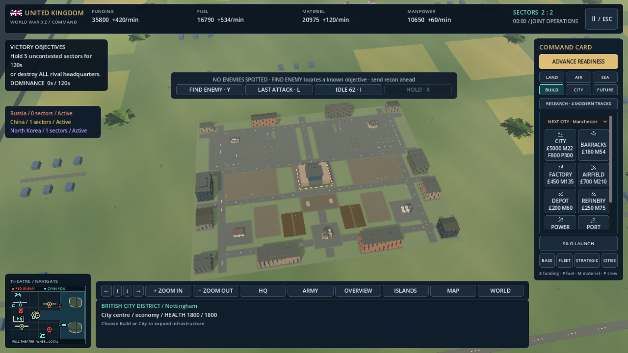 Actual Nottingham city district with barracks, factory, roads, rival status and construction controls