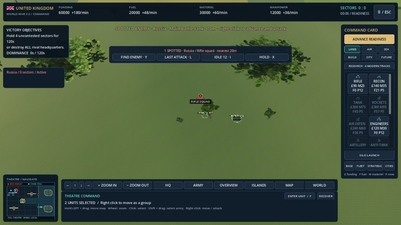 UK command view: a red detected rifle contact, command buttons and red/cyan minimap symbols