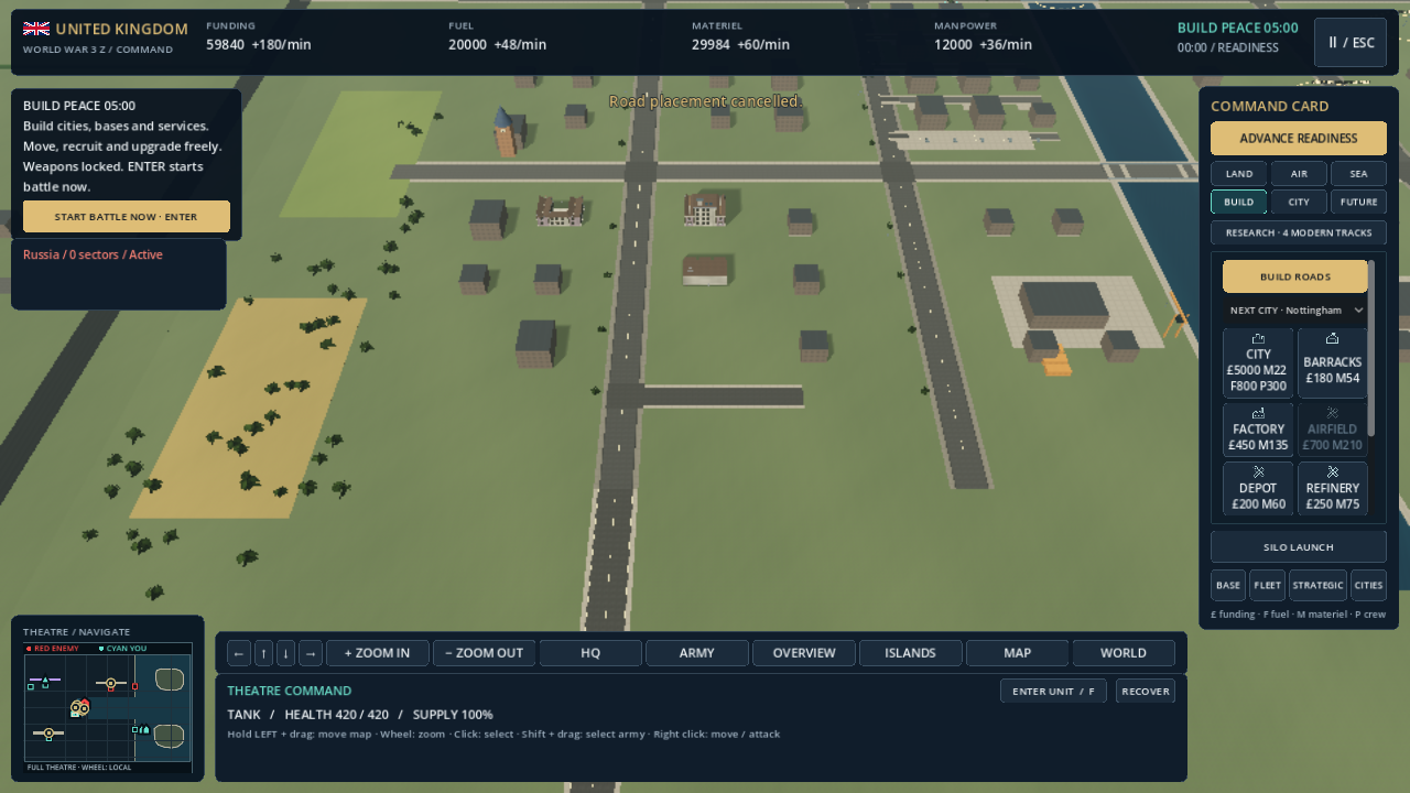 Actual tested Windows source build: a new road joins an existing street, with Build Roads visible in the command panel