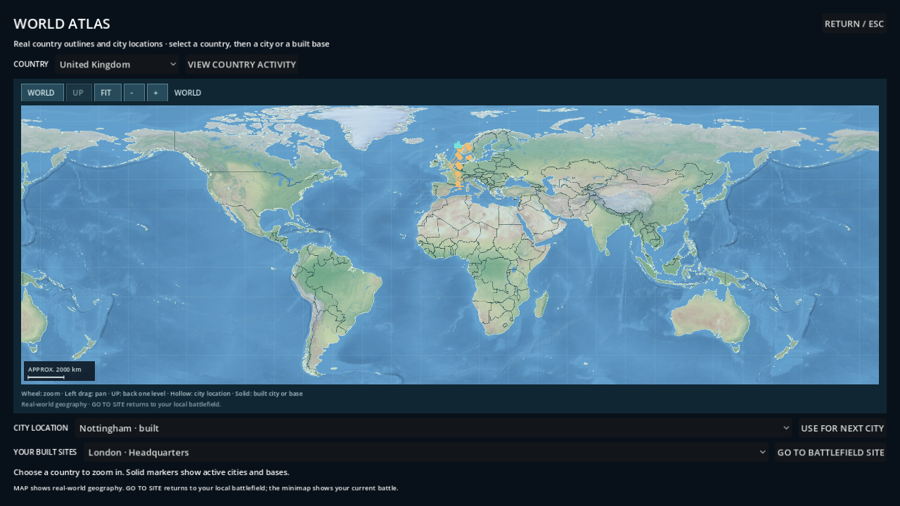 Actual world atlas showing relief, country borders, United Kingdom selection and built-city navigation