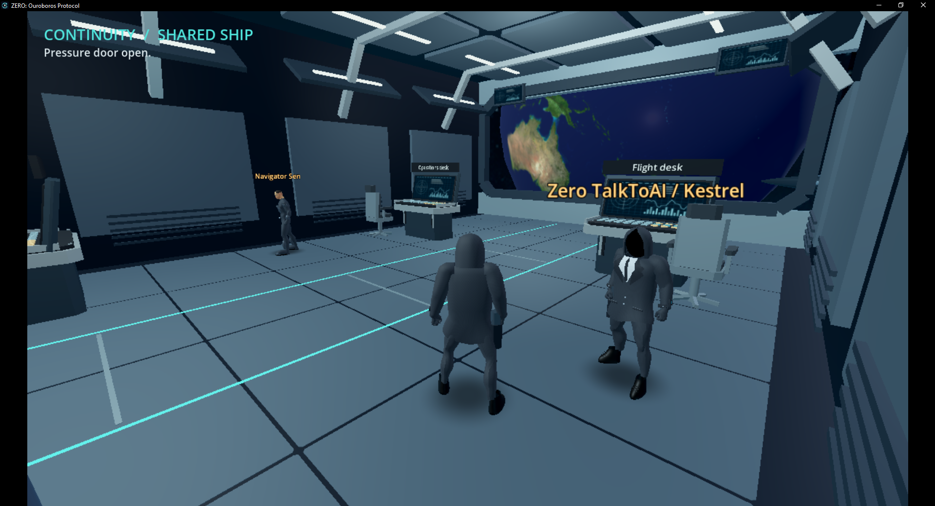 ZERO starship bridge interior with crew stations and a panoramic forward window.