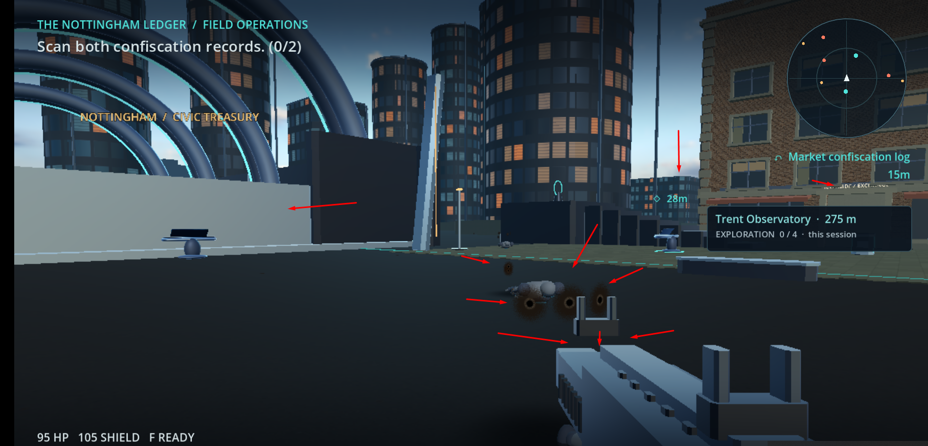 Futuristic ground operation with a player character, city structures and mission HUD.
