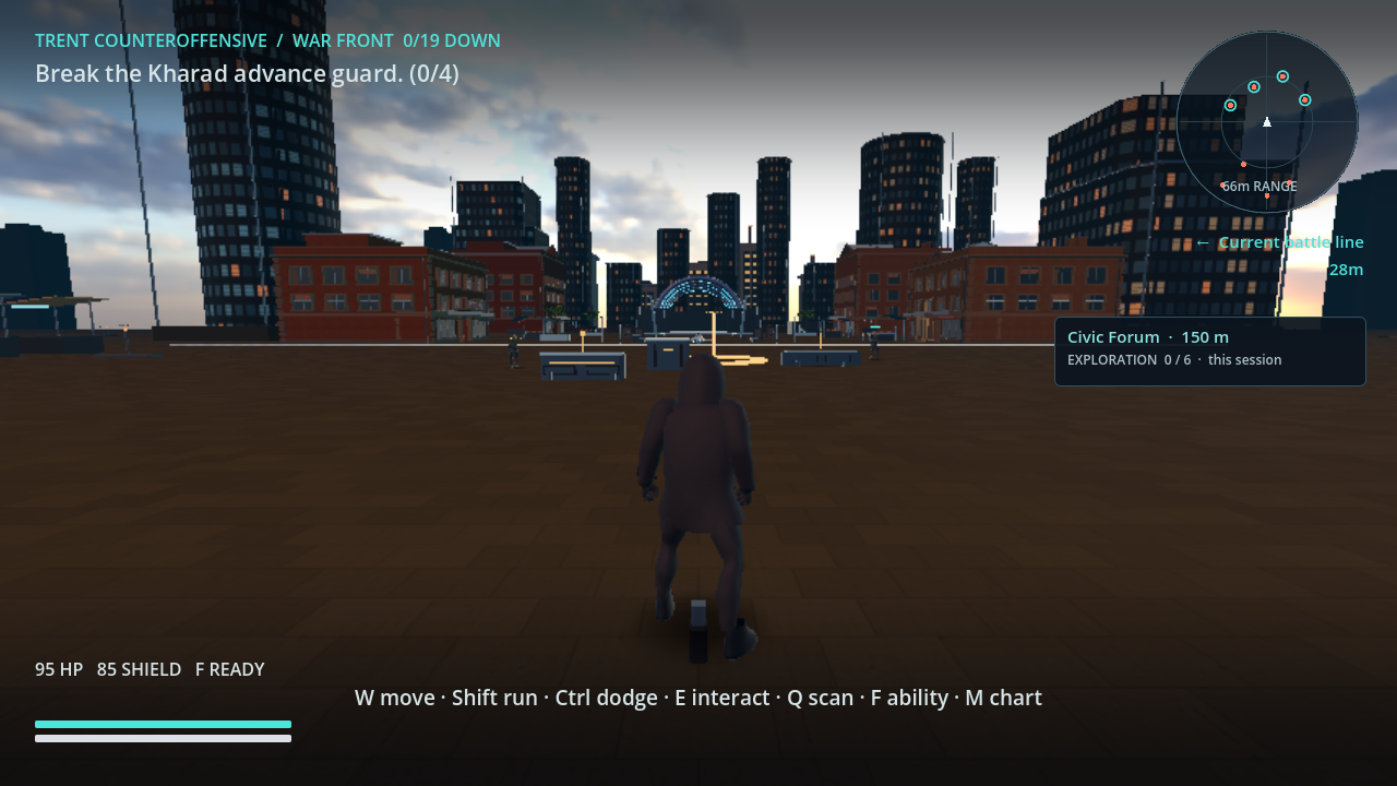 Actual development gameplay of a futuristic ground operation in an urban environment.