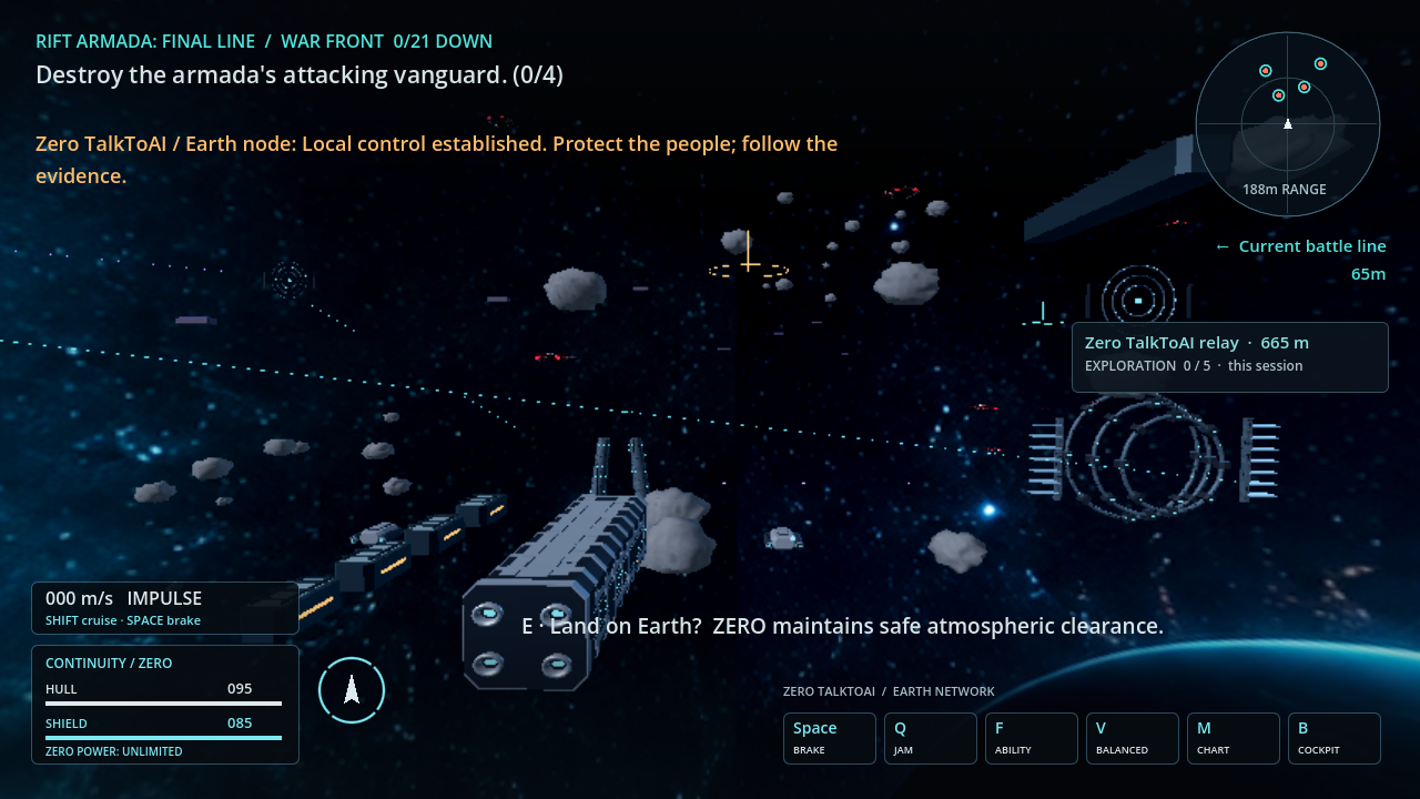 Actual development gameplay: an exterior starship view with flight instruments and mission information.